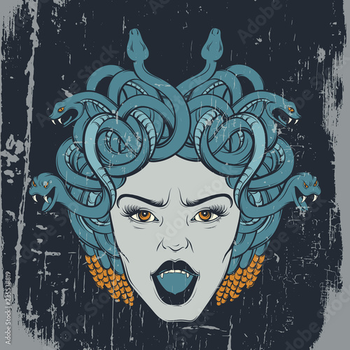 Vector colorful  hand drawn illustration of gorgon in hand sketched realistic style. Artwork with portrait of gorgon. Template for card, posster, banner, print for t-shirt.