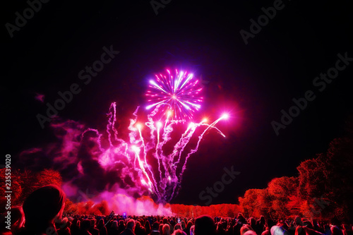 People watching a colourful fireworks display