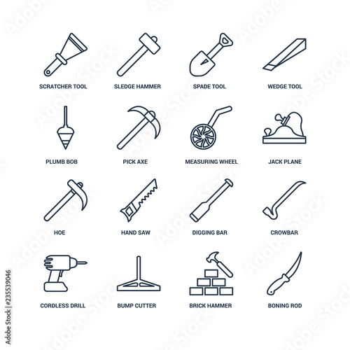 Boning rod, Brick hammer, Bump cutter, Cordless drill, Crowbar,