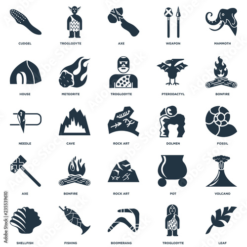 Elements Such As Leaf, Troglodyte, Boomerang, Fishing, Shellfish, Bonfire, Dolmen, Rock art, Axe, House, Troglodyte icon vector illustration on white background. Universal 25 icons set.