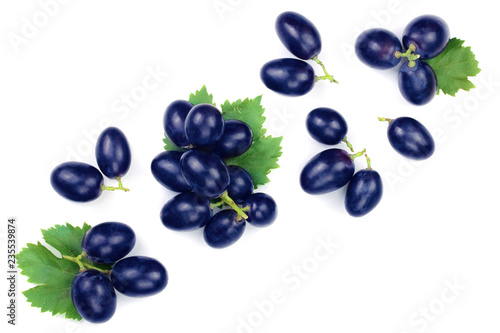bue grapes wih leaves isolated on the white background with copy space for your text. Top view. Flat lay pattern