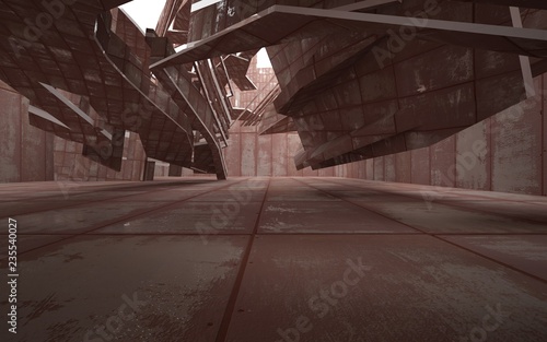 empty abstract room interior of sheets rusted metal. Architectural background. 3D illustration and rendering