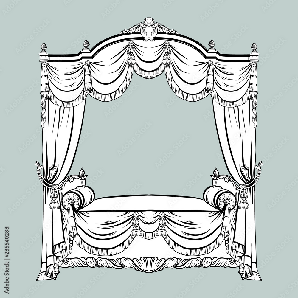 Vector illustration of baroque bed with baldachin made in hand drawn ...