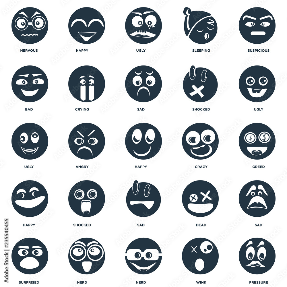 Elements Such As Pressure, Wink, Nerd, Surprised, Ugly, Crazy, Sad, Happy, Bad, Happy icon vector illustration on white background. Universal 25 icons set. Elements Such As Pressure, Wink, Nerd, Surprised, Ugly, Crazy, Sad, Happy, Bad, Happy icon vector illustration on white background. Universal 25 icons set.