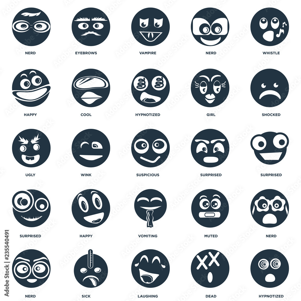 Elements Such As Hypnotized, Dead, Laughing, Sick, Nerd, Shocked, Surprised, Vomiting, Happy, Vampire, Eyebrows icon vector illustration on white background. Universal 25 icons set. Elements Such As Hypnotized, Dead, Laughing, Sick, Nerd, Shocked, Surprised, Vomiting, Happy, Vampire, Eyebrows icon vector illustration on white background. Universal 25 icons set.