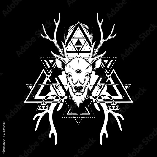 Hand drawn beautiful hand sketched deer.Alchemy, religion, spirituality, occultism, tattoo art, coloring books. Template for card, poster, banner, print for t-shirt.