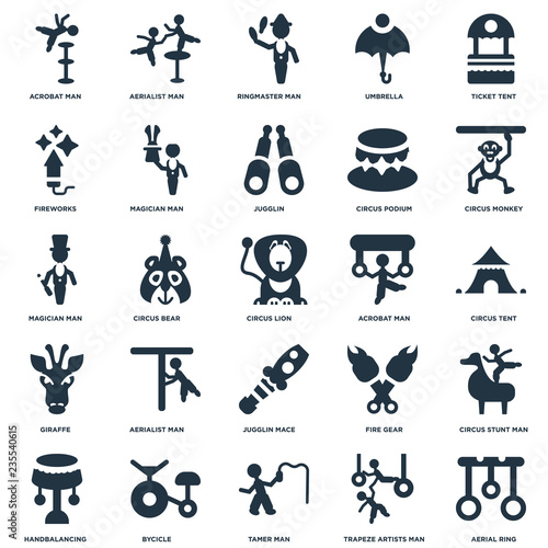 Elements Such As Aerial Ring, Circus Tent, Monkey, Aerialist man, Handbalancing, Magician Fire Gear, man icon vector illustration on white background. Universal 25 icons set.