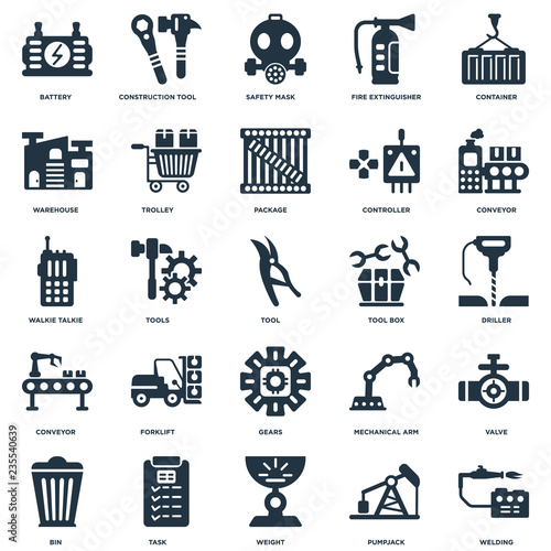 Elements Such As Welding, Driller, Conveyor, Construction tool, Bin, Trolley, Mechanical arm, Walkie talkie icon vector illustration on white background. Universal 25 icons set.