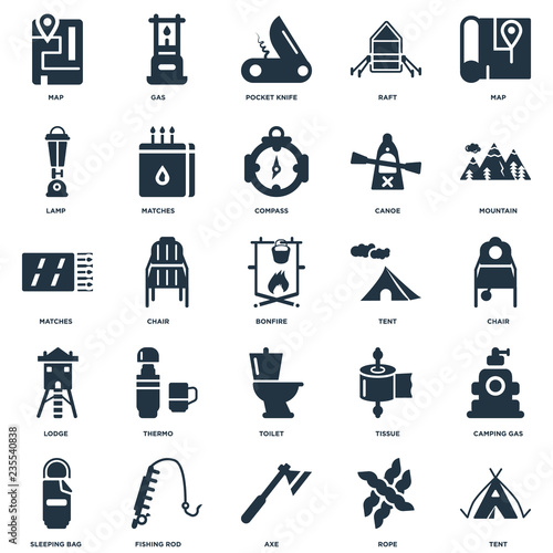 Elements Such As Tent, Rope, Axe, Fishing rod, Sleeping bag, Mountain, Toilet, Lodge, Lamp, Pocket knife, Gas icon vector illustration on white background. Universal 25 icons set.