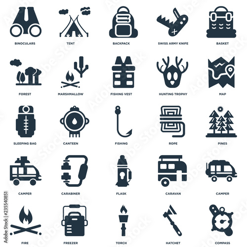 Elements Such As Compass, Hatchet, Torch, Freezer, Fire, Map, Rope, Flask, Camper, Forest, Backpack, Tent icon vector illustration on white background. Universal 25 icons set.