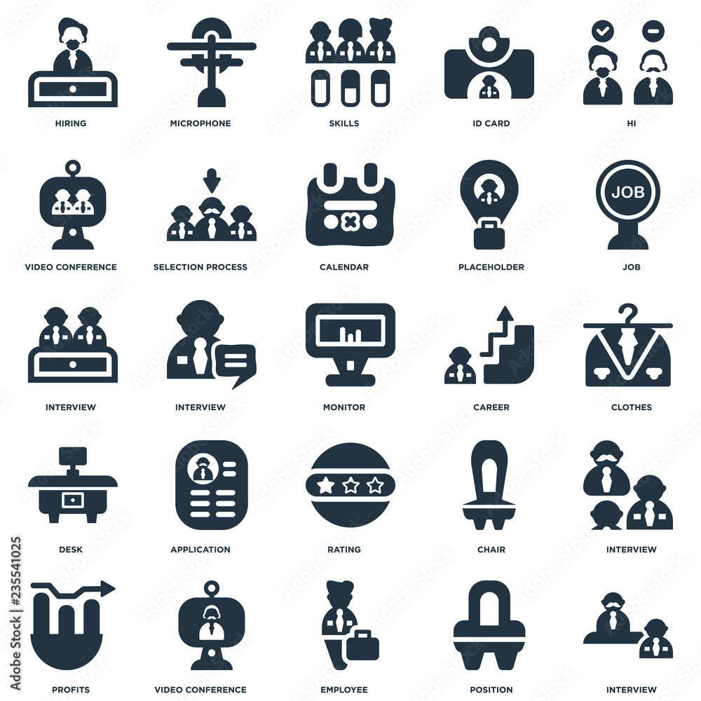 Elements Such As Interview, Clothes, Job, Microphone, Profits, Selection process, Chair, Interview icon vector illustration on white background. Universal 25 icons set. Elements Such As Interview, Clothes, Job, Microphone, Profits, Selection process, Chair, Interview icon vector illustration on white background. Universal 25 icons set.