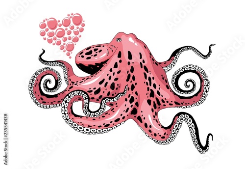 Cartoon pink octopus love clip-art isolated on white background illustration