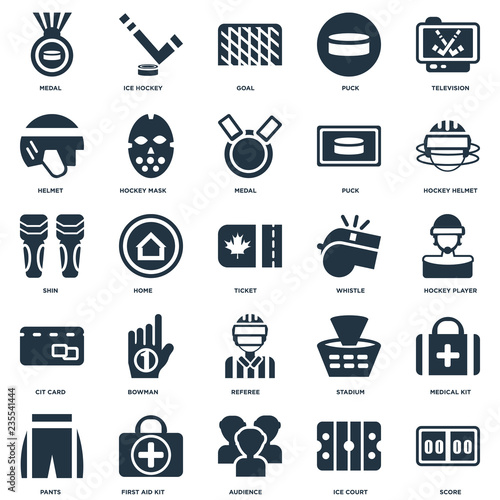 Elements Such As Score, Hockey player, helmet, Ice hockey, Pants, mask, Stadium, Shin icon vector illustration on white background. Universal 25 icons set.