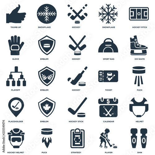Elements Such As Shin, Puck, Ice skate, Snowflake, Hockey helmet, Emblem, Calendar, Playoff icon vector illustration on white background. Universal 25 icons set.