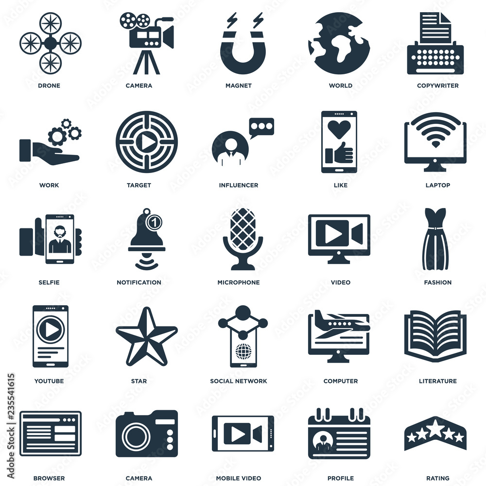 Elements Such As Rating, Profile, Mobile video, Camera, Browser, Laptop,  Video, Social network, Youtube, Work, Magnet, Camera icon vector  illustration on white background. Universal 25 icons set. Stock Vector |  Adobe Stock