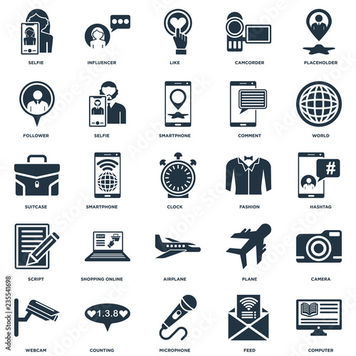 Elements Such As Computer, Feed, Microphone, Counting, Webcam, World, Fashion, Airplane, Script, Follower, Like, Influencer icon vector illustration on white background. Universal 25 icons set.