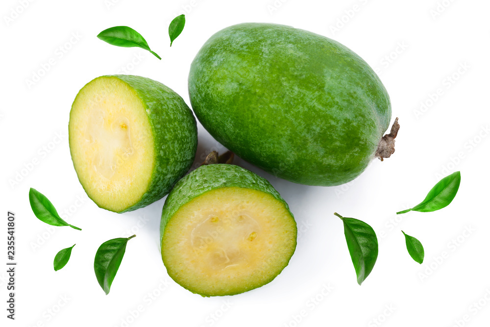 Tropical fruit feijoa Acca sellowiana isolated on white background. Top view. Flat lay pattern Tropical fruit feijoa Acca sellowiana isolated on white background. Top view. Flat lay pattern