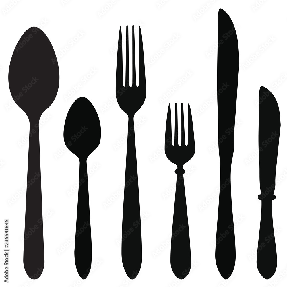 Set of the contours of the cutlery. Ready to use elements. Spoon, knife, forks. Vector illustration. Isolated on white background. Set of the contours of the cutlery. Ready to use elements. Spoon, knife, forks. Vector illustration. Isolated on white background.