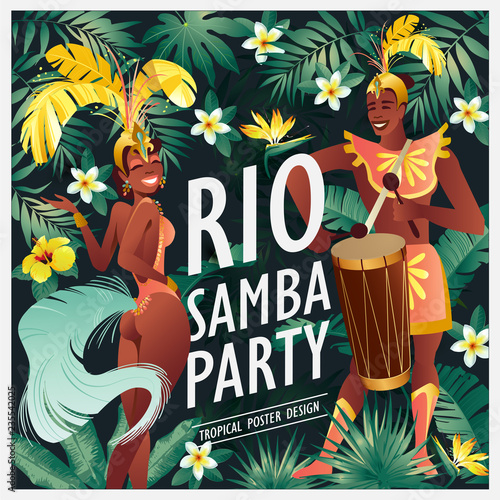 Brazilian samba dancer. Carnival in Rio de Janeiro girls and guy wearing a festival costume is dancing. Vector illustration.