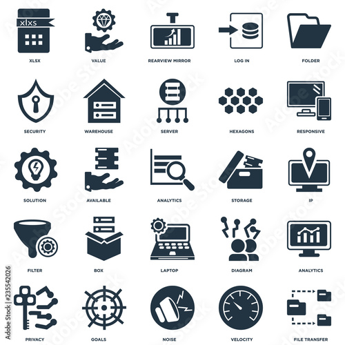Elements Such As File transfer, IP, Responsive, Value, Privacy, Warehouse, Diagram, Solution icon vector illustration on white background. Universal 25 icons set.