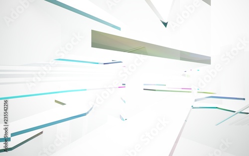 Abstract white interior with colored glossy lines. 3D illustration and rendering