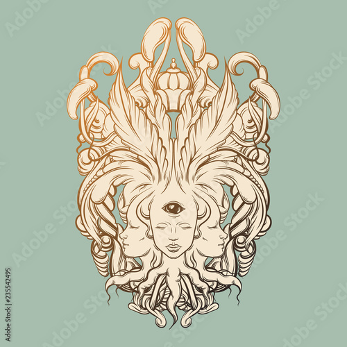 Vector illustration of fortune teller  with three heads,  eyes, floral baroque frame. Floral surreal artwork made in hand drawn line style. Template for card, poster, banner, print for t-shirt.