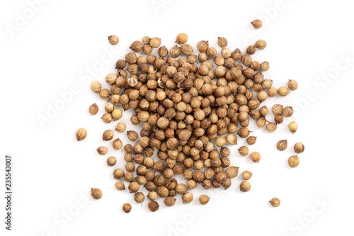 Coriander seeds isolated on white background top view