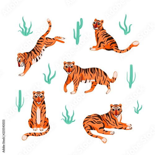 Fototapeta Naklejka Na Ścianę i Meble -  Set with tigers in different poses and tropical plants. Vector illustration.
