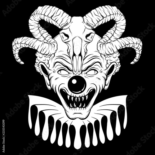 Vector hand drawn  illustration of angry clown with ram skull. Tattoo artwork in realistic line style. Portrait of ugly clown.  Template for card, poster, banner, print for t-shirt.