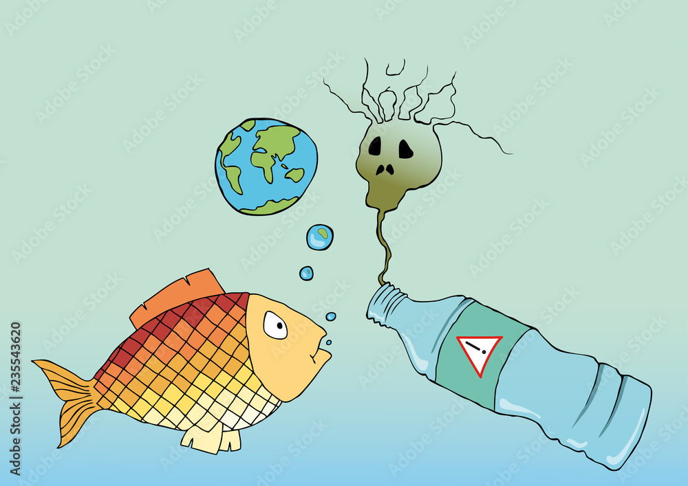 illustration vectorielle avec éléments séparés. poisson et bouteille  plastique, thème de la pollution des océans Stock Vector