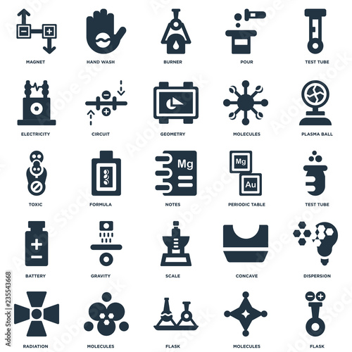 Elements Such As Flask, Test tube, Plasma ball, Hand wash, Radiation, Circuit, Concave, Toxic icon vector illustration on white background. Universal 25 icons set.