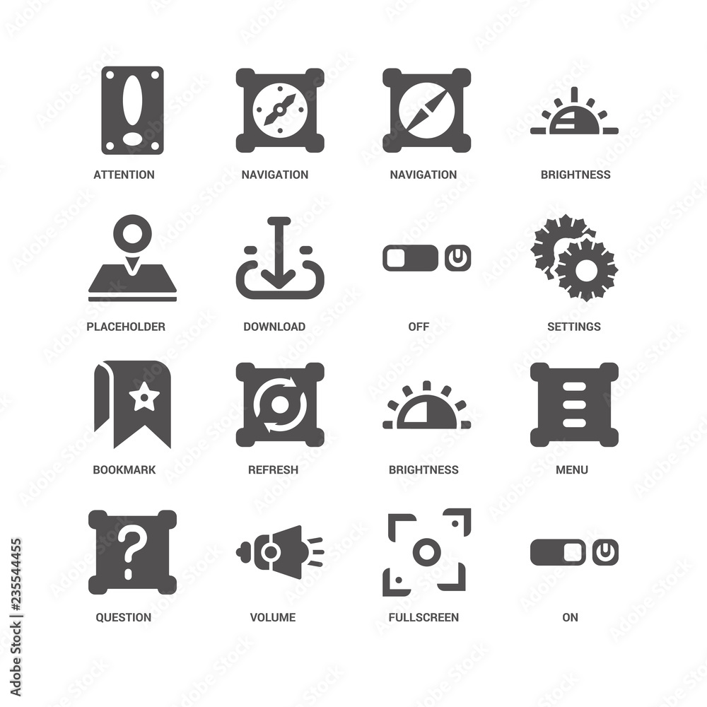 On, Settings, Off, Question, Menu, Attention, Placeholder, Bookm On, Settings, Off, Question, Menu, Attention, Placeholder, Bookm