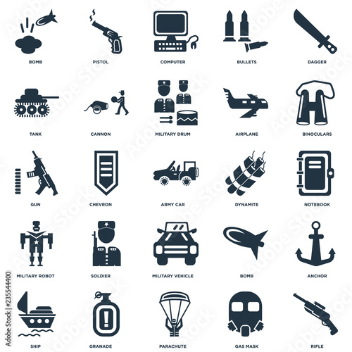 Elements Such As Rifle, Notebook, Binoculars, Pistol, Ship, Cannon, Bomb, Gun icon vector illustration on white background. Universal 25 icons set.