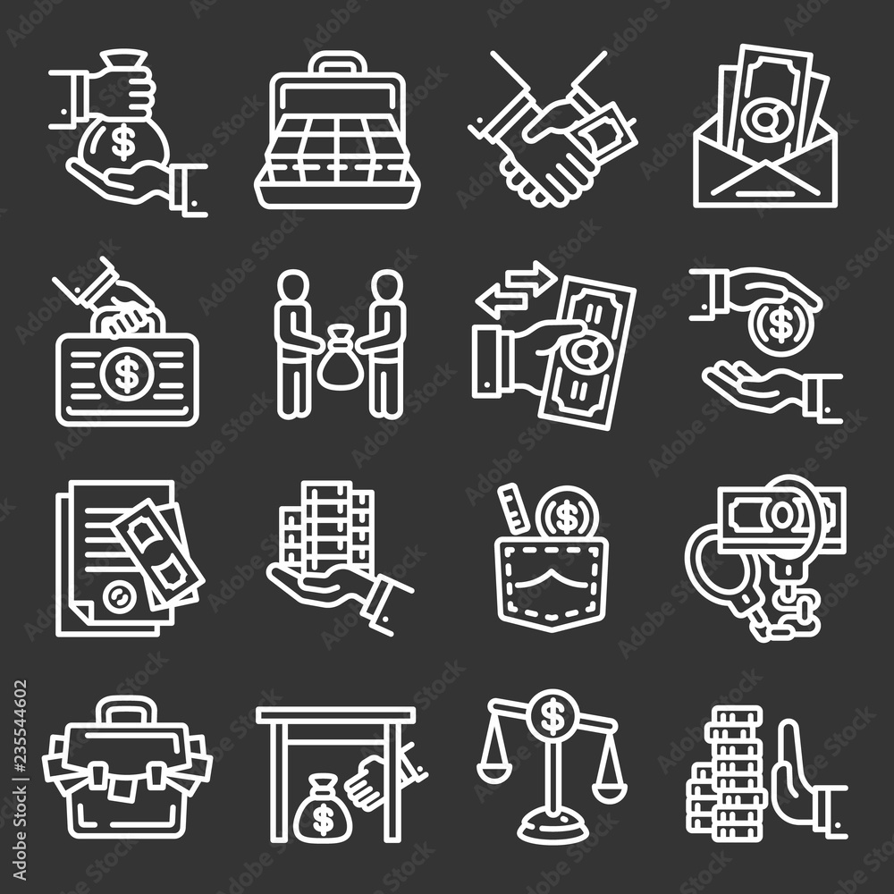 Bribery icon set. Outline set of bribery vector icons for web design isolated on gray background