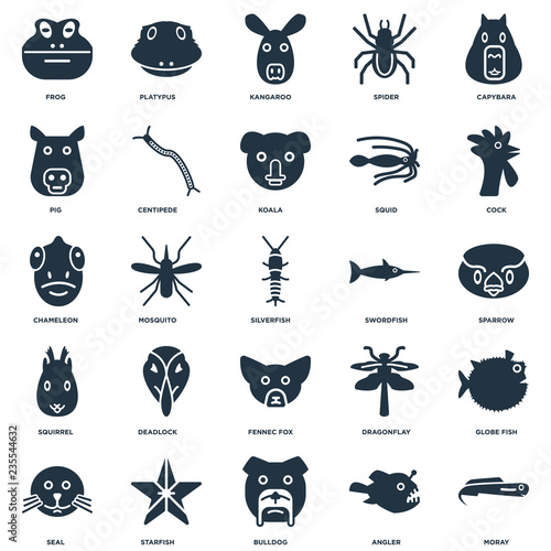 Elements Such As Moray, Angler, Bulldog, Starfish, Seal, Cock, Swordfish, Fennec Fox, Squirrel, Pig, Kangaroo, Platypus icon vector illustration on white background. Universal 25 icons set.