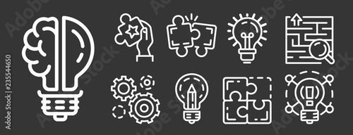 Solution icon set. Outline set of solution vector icons for web design isolated on gray background