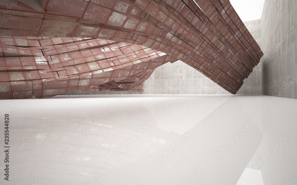 Obraz premium Empty abstract room interior of sheets rusted metal, brown concrete and white glossy floor. Architectural background. 3D illustration and rendering