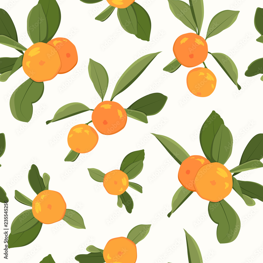 Seamless pattern with orange mandarin tangerine and leaves on white background. Vector illustration. Seamless pattern with orange mandarin tangerine and leaves on white background. Vector illustration.