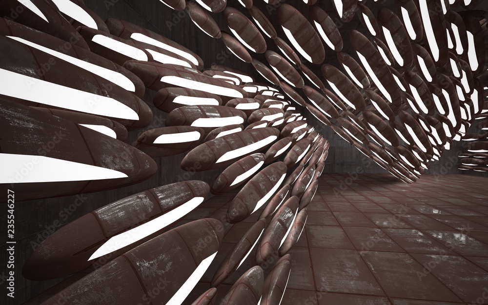 Empty smooth abstract room interior of sheets rusted metal. Architectural background. Night view of the illuminated. 3D illustration and rendering Empty smooth abstract room interior of sheets rusted metal. Architectural background. Night view of the illuminated. 3D illustration and rendering