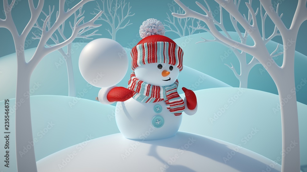 Naklejka premium 3d render, cute funny snowman wearing red hat and scarf, throwing snowball, standing in snowy forest, winter Christmas background, New Year greeting card, festive character
