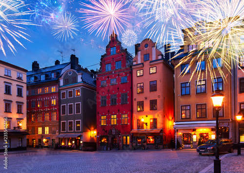 Gamla Stan stree at night with fiewworks, Stockholm, Sweden
