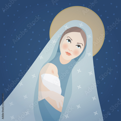 Christmas greeting card, invitation. Saint Mary and baby Jesus Christ. Mother holding her little child. Biblical vector illustrations background. Maternity and Christianity symbol. Nativity scene.