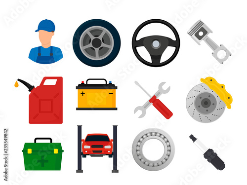 Car service and repair. Vector illustration icons set in flat style. EPS 10.
