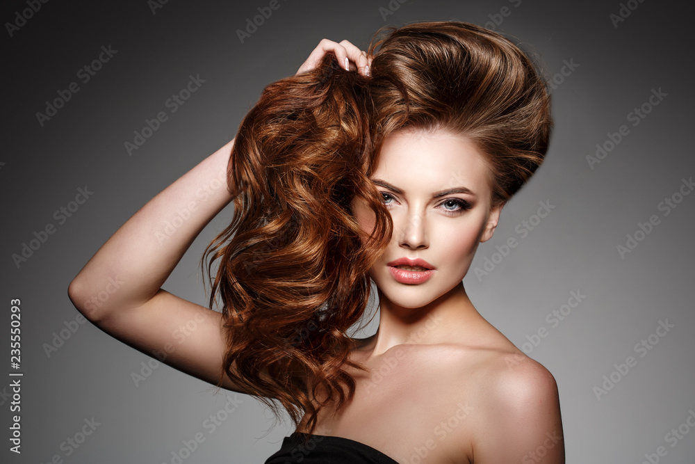 Beauty Fashion Model with long shiny hair. Waves & Curls volume Hairstyle.  Hair Salon. Updo. Woman with healthy hair girl with luxurious Updo haircut.  Hair loss. Stock Photo | Adobe Stock