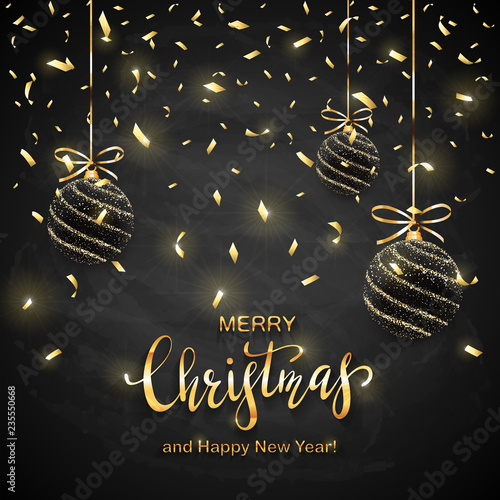 Christmas Background with Golden Confetti and Balls on Black Chalkboard