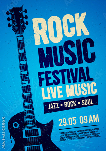 vector illustration blue rock festival concert party flyer or poster design template with guitar, place for text and cool effects in the background