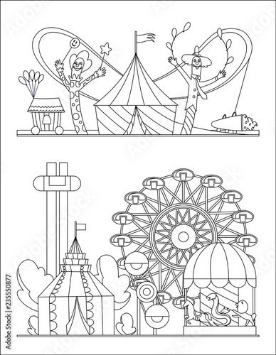 Amusement park, urban landscape with carousels, roller coaster and air balloon coloring book page. Circus, Fun fair and Carnival theme vector illustration.