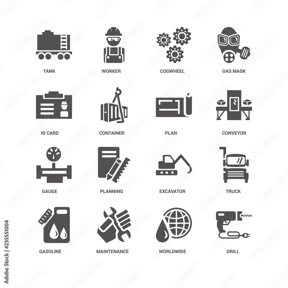 Drill, Conveyor, Plan, Gasoline, Truck, Tank, Id card, Gauge, Wo Drill, Conveyor, Plan, Gasoline, Truck, Tank, Id card, Gauge, Wo