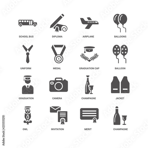 Champagne, Medal, School bus, Diploma, Jacket, Camera, Merit ico