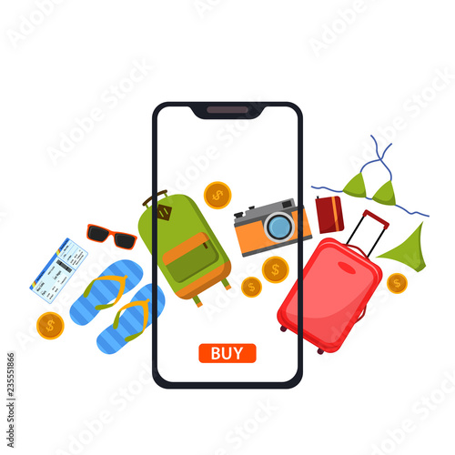 Concept online shopping for summer holidays. Traveling on airplane, planning a summer vacation, tourism and journey objects and passenger luggage.